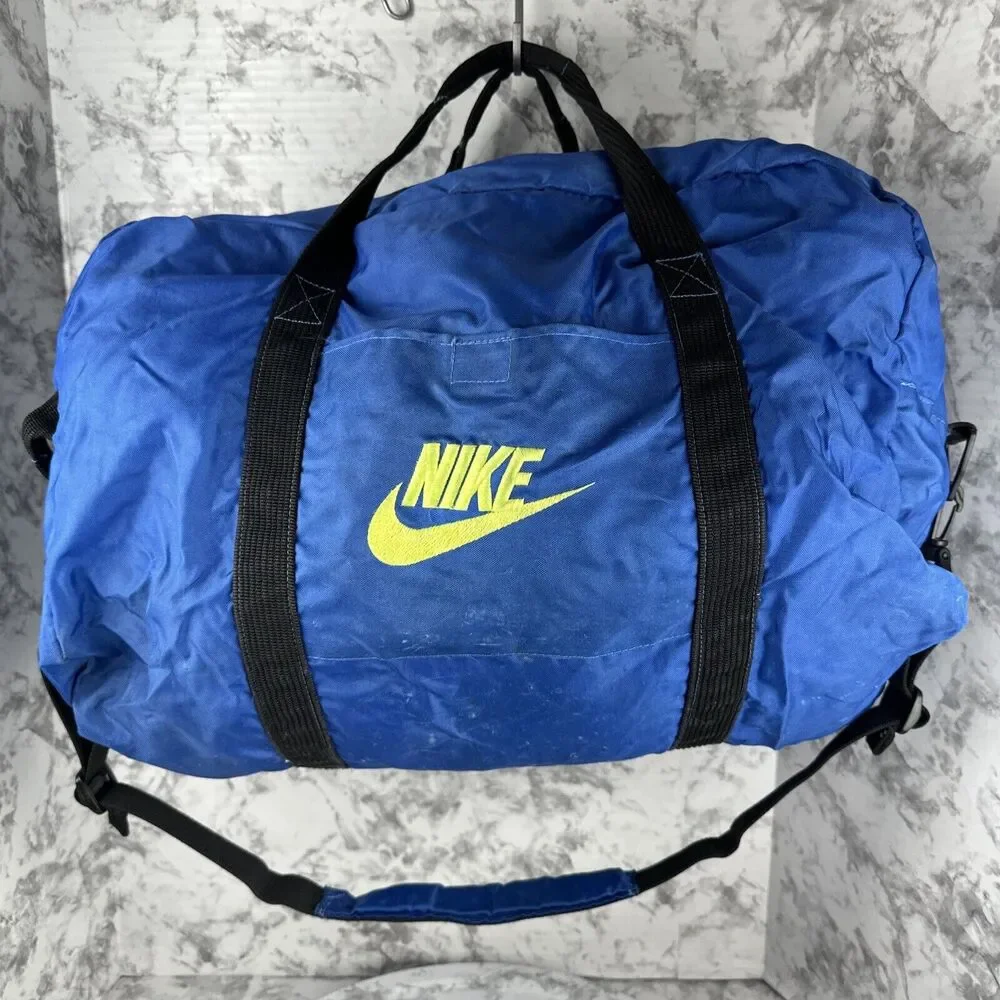 Vintage 80s Nike Gym Duffel Bag Blue Neon Green Nylon‎ Canvas Crossbody Strap
